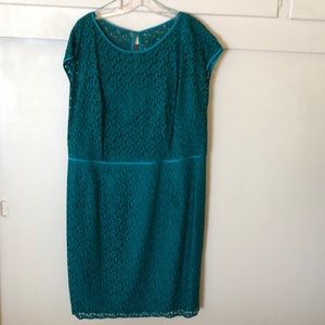 Teal lace over lay, cap sleeved, satin trim detail